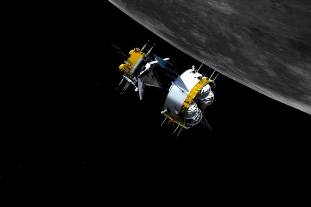 A graphic simulation showing the orbiter and returner combination of China’s Chang’e 5 mission, which retrieved the Earth’s first lunar samples in more than 40 years. Illustration: Xinhua