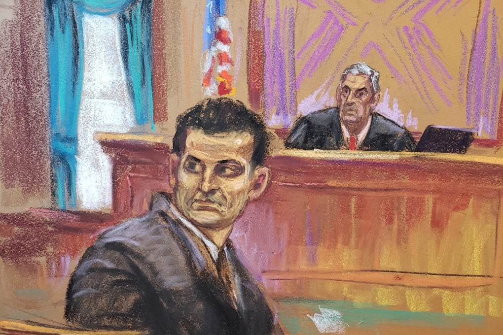 Sam Bankman-Fried turns to look at potential jurors for his fraud trial before US District Judge Lewis Kaplan in New York on Tuesday. Courtroom sketch: Jane Rosenberg via Reuters