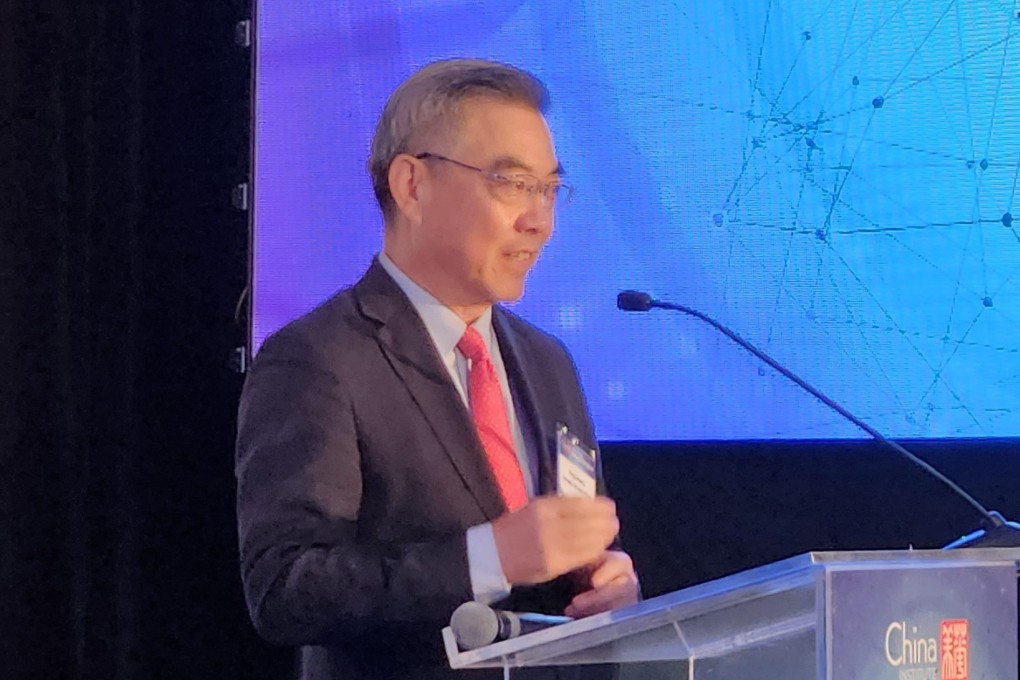 Huang Ping, the Chinese consul general in New York, addressing a China Institute conference on Tuesday. Photo: Mark Magnier