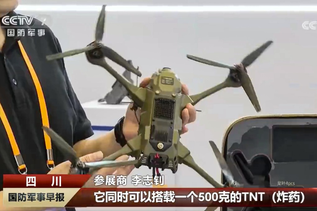 A small high-speed “suicide” drone on display at an exhibition in southwestern China. Photo: CCTV.