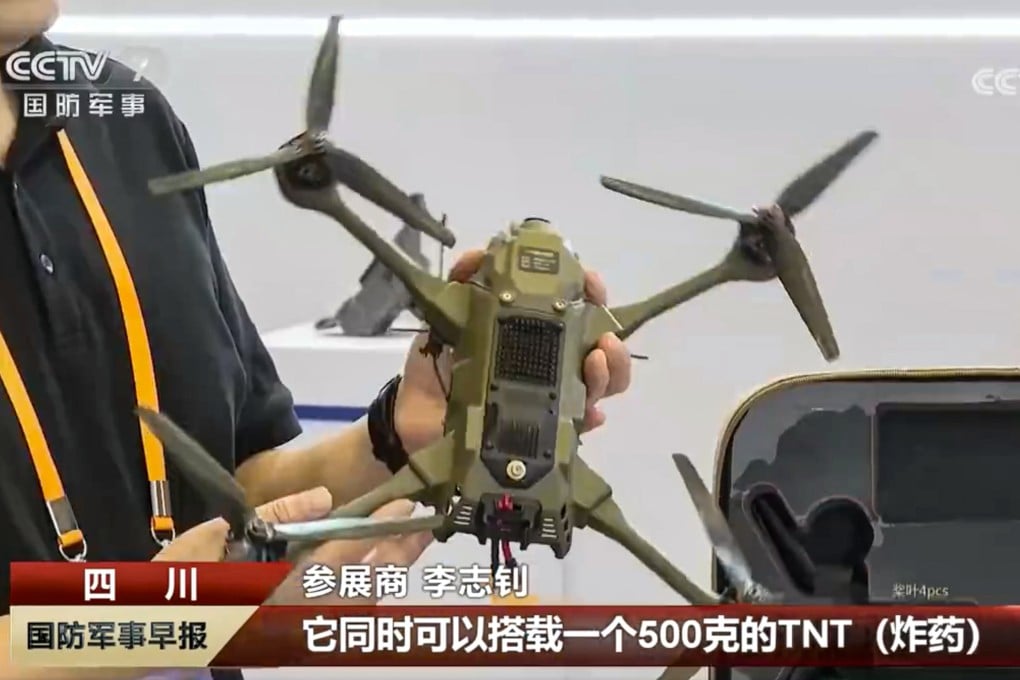 A small high-speed “suicide” drone on display at an exhibition in southwestern China. Photo: CCTV.