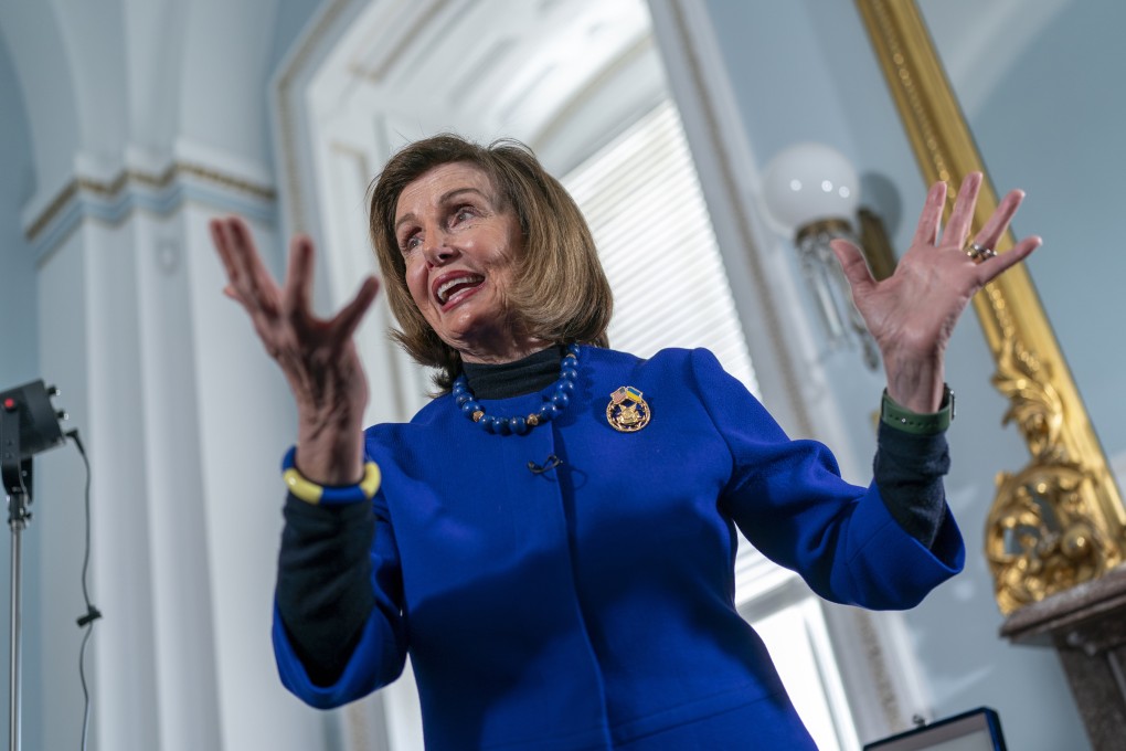 Former US House speaker Nancy Pelosi talks in her so-called hideaway office during an interview at the Capitol in April. Photo: AP