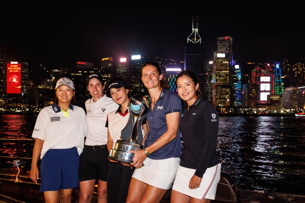 (From left) Ko Jin-young, Carlota Ciganda, Muni He, Anne van Dam and Tiffany Chan with the Aramco Team Series trophy. Photo: Aramco Team Series presented by PIF