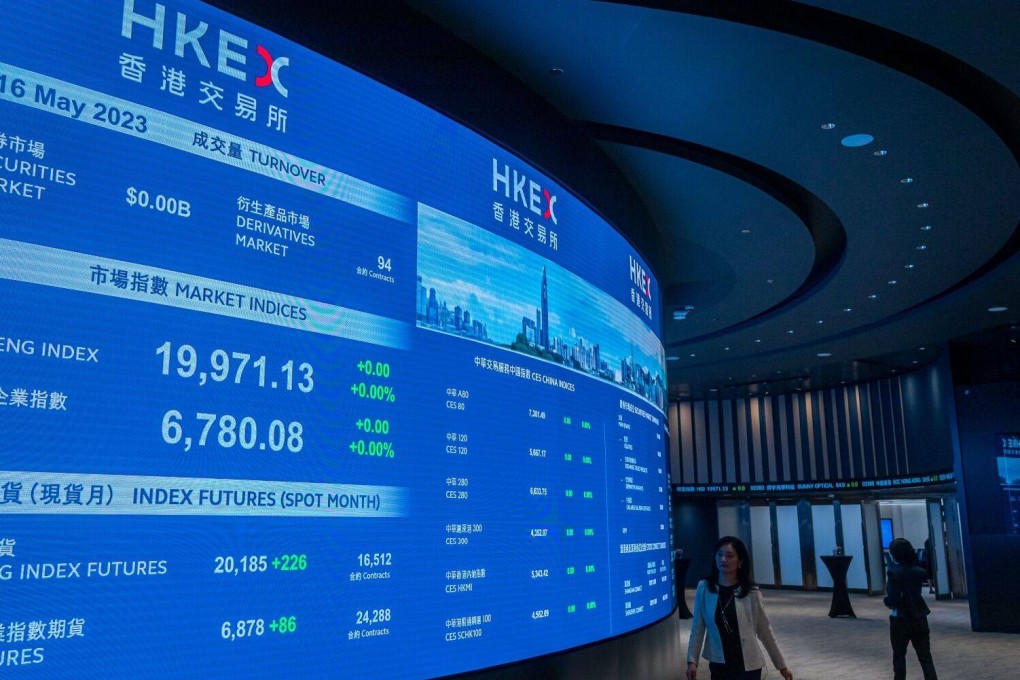 A screen showing various index figures inside the Hong Kong Connect Hall in May 2023. Photo: Bloomberg