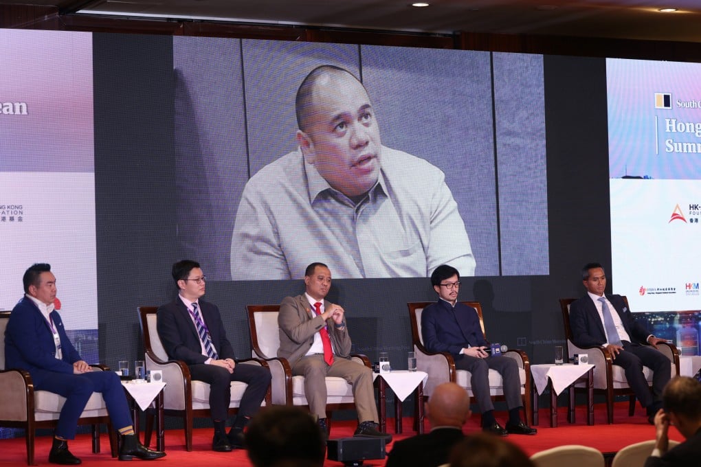 Pandu Patria Sjahrir (on screen), vice-president director of PT TBS Energi Utama Tbk, speaks about Indonesia’s goal to become a leader in the EV space during the Hong Kong-Asean Summit 2023. Photo: May Tse
