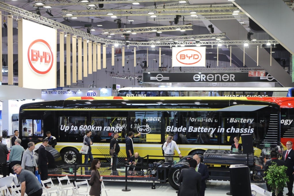 BYD buses are displayed at the 26th edition of Busworld Europe in Brussels, Belgium, on October 7. Photo: Xinhua