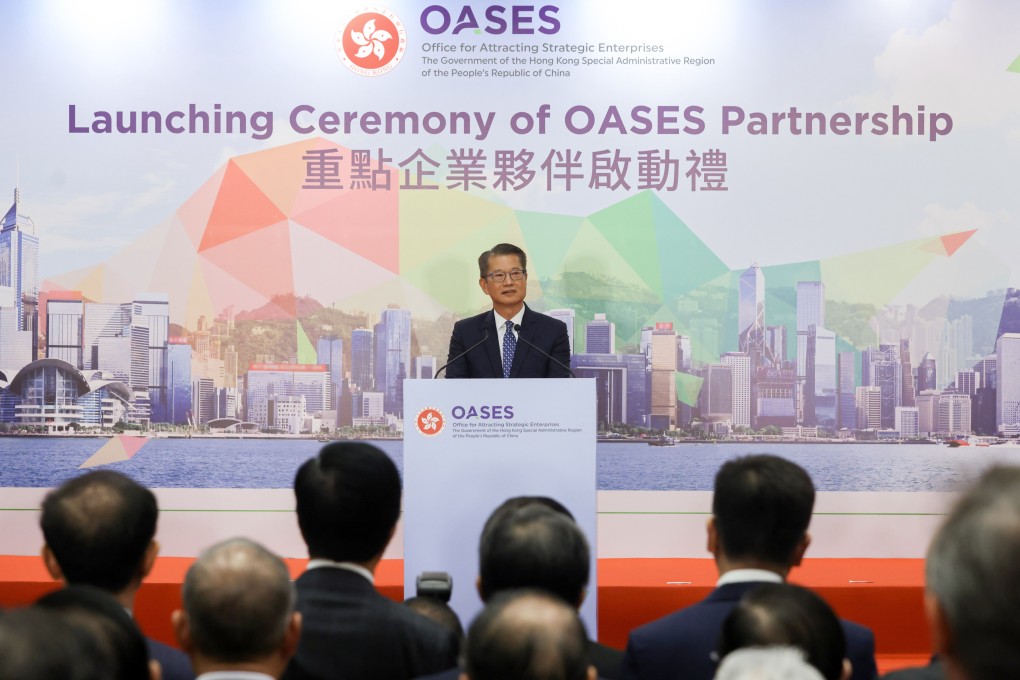 Paul Chan Mo-po, Financial Secretary, speaks at the launching Ceremony of OASES Partnership. Photo: May Tse