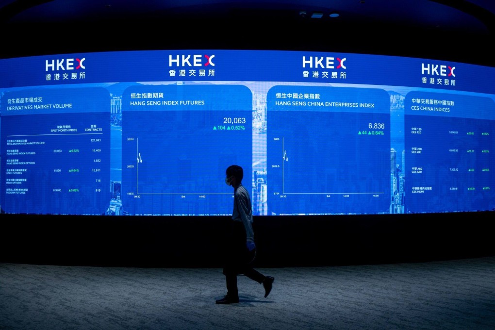 A screen showing various index figures inside the Hong Kong Connect Hall in May 2023. Photo: Bloomberg