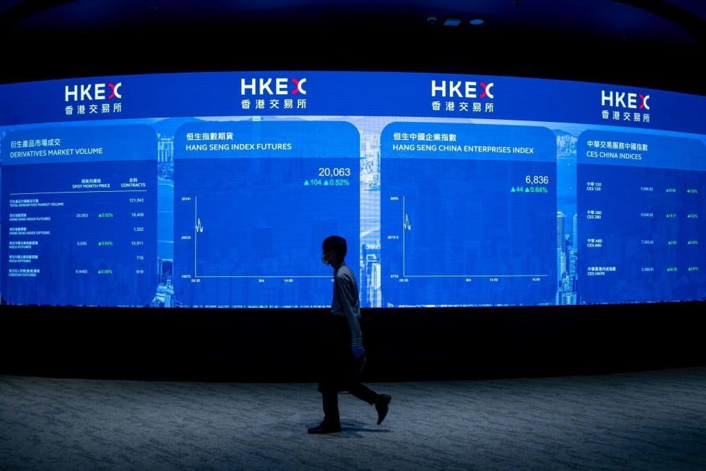 A screen showing various index figures inside the Hong Kong Connect Hall in May 2023. Photo: Bloomberg