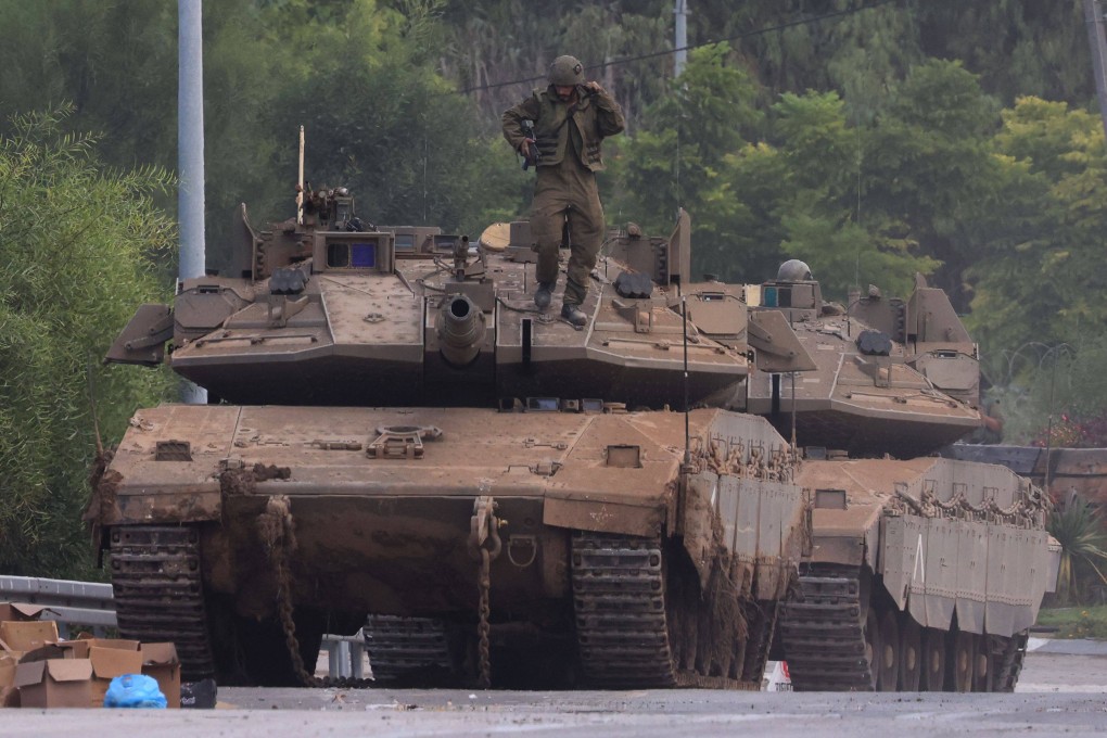 Israeli army Merkava tanks near the border with Gaza in southern Israel. Photo; AFP
