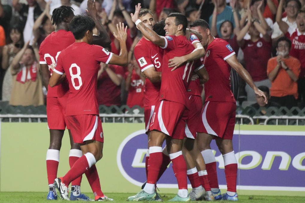 Michael Udebuluzor, Tan Chun-lok, Helio and Everton Camargo celebrate a Hong Kong goal. Photo: Elson Li