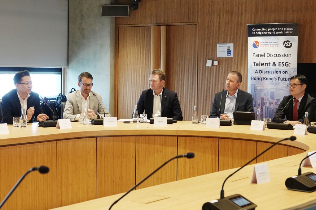 (From right to left) Vincent Ma, CEO of ISS Hong Kong; European Chamber of Commerce in Hong Kong chairman Inaki Amate; ISS Group CEO Kasper Fogel; Troels Bjerg, ISS regional CEO for Asia-Pacific, Americas, Germany and global business performance; and Hong Kong Trade Development Council deputy executive director Patrick Lau. Photo: Handout