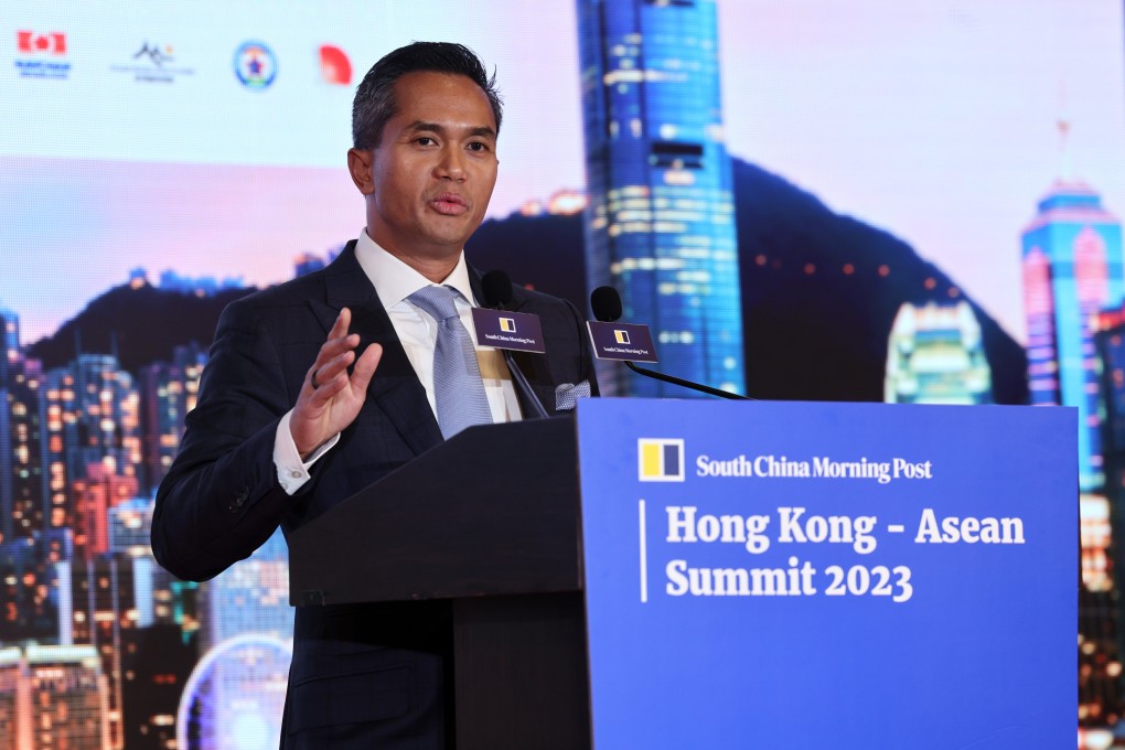 Anindya Novyan Bakrie, CEO of Bakrie & Brothers speaks at SCMP’s Hong Kong-Asean Summit 2023. Bakrie, whose company has supplied some 52 electric public buses to Jakarta, believed that the business community should take the lead in Southeast Asia’s decarbonisation efforts. Photo: SCMP/May Tse