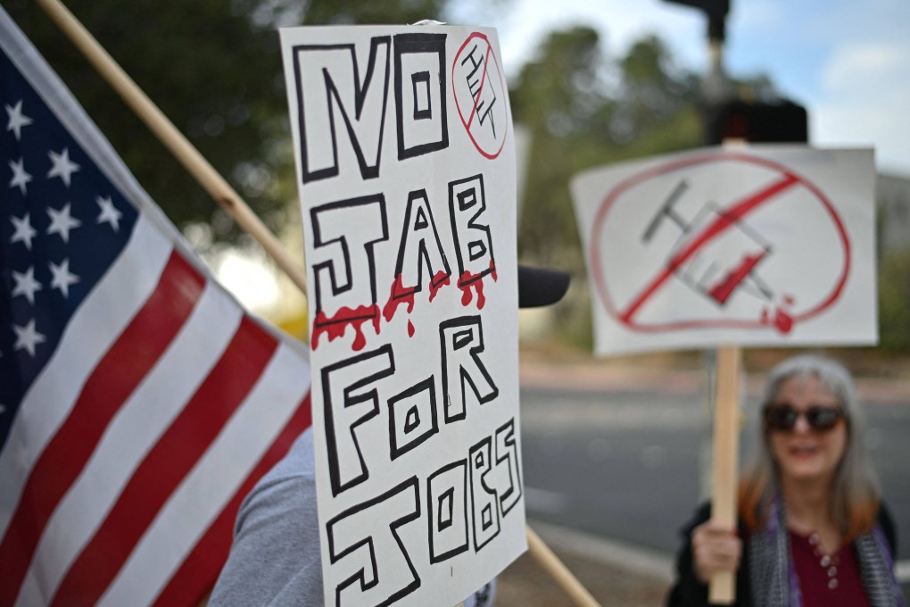 Workers protesting against a US government mandate requiring all federal employees to receive the Covid-19 vaccine. Photo: AFP