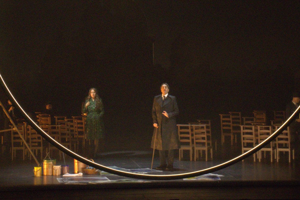 Soprano Oksana Dyka (Floria Tosca) and baritone Claudio Sgura (Scarpia) in Act 1 of Opera Hong Kong’s new production of Giacomo Puccini’s opera “Tosca”. Sgura was the stand-out performer on opening night. Photo: Opera Hong Kong