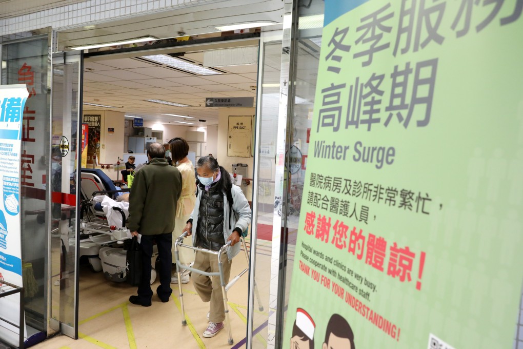 A banner at Kwong Wah Hospital in Yau Ma Tei warning residents against a looming winter flu surge. Photo: Sam Tsang