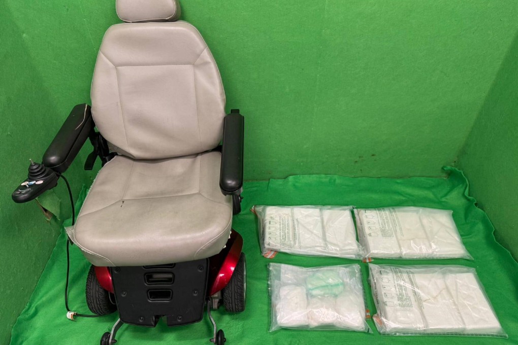 The wheelchair and suspected cocaine seized by customs officials after an X-ray of the machine aroused suspicions. Photo: Handout