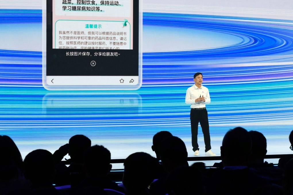 Baidu co-founder and CEO Robin Li unveils Ernie Bot 4 at Baidu World 2023 in Beijing on October 17, 2023. The latest version of Baidu’s chatbot matches the capabilities of OpenAI’s GPT-4, Li said. Photo: Bloomberg