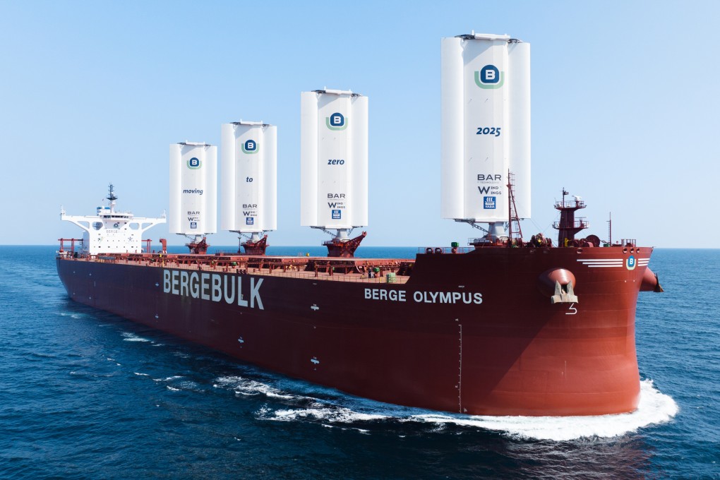 The Berge Olympus, a dry bulk vessel, has been retrofitted with wind-assisted propulsion equipment for reducing carbon emissions. Photo: Handout