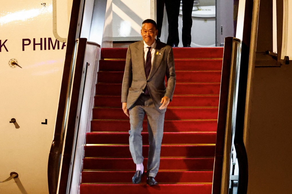 Thailand’s Prime Minister Srettha Thavisin arrives at Beijing Capital International Airport to attend the Third Belt and Road Forum in China on Monday. Photo: Reuters/Pool