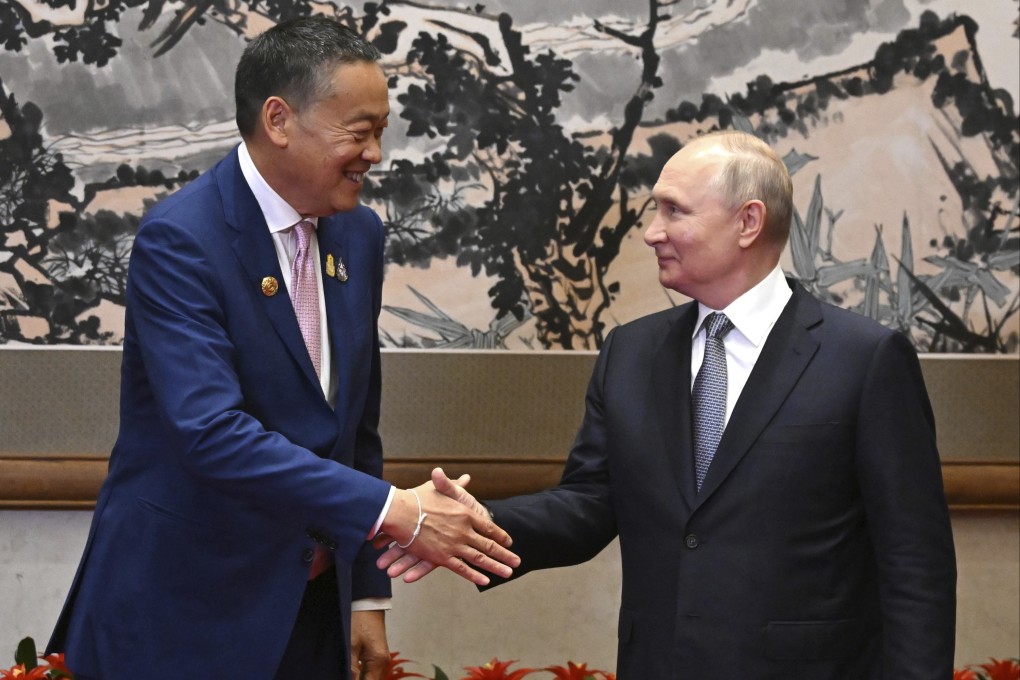 Thai Prime Minister Srettha Thavisin shakes hands with Russian President Vladimir Putin before their talks on the sidelines of the Belt and Road Forum in Beijing. Photo: Sputnik, Kremlin Pool Photo via AP