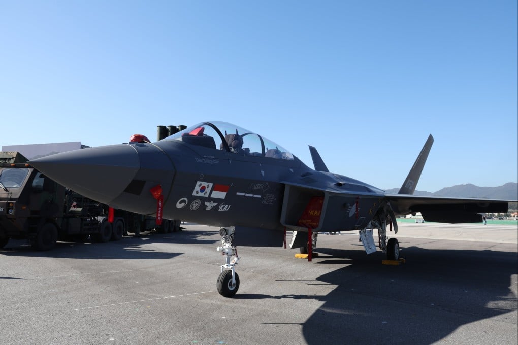 A South Korean-made KF-21 fighter is displayed at the Seoul International Aerospace & Defense Exhibition (ADEX) 2023 at Seoul Air Base in Seongnam, South Korea, on Tuesday. Photo: EPA-EFE/Yonhap