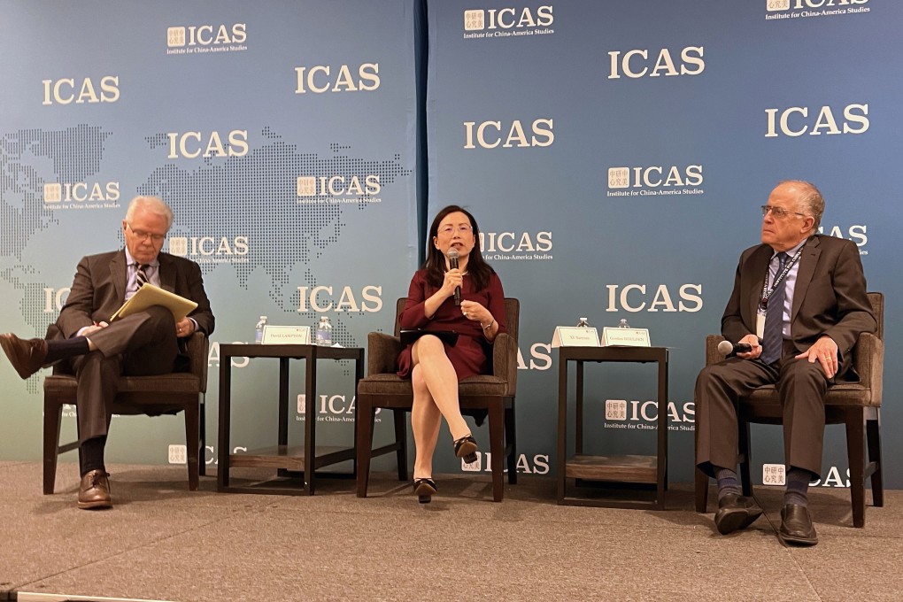 Xu Xueyan (centre), a deputy chief of mission of the Chinese embassy in Washington, during the Institute for China-America Studies conference on Tuesday. Photo: Robert Delaney
