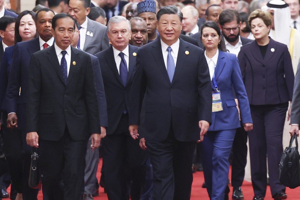Chinese President Xi Jinping, with Indonesian President Joko Widodo and other leaders attending the Belt and Road Forum, at the Great Hall of the People in Beijing, on October 18. Photo: Xinhua