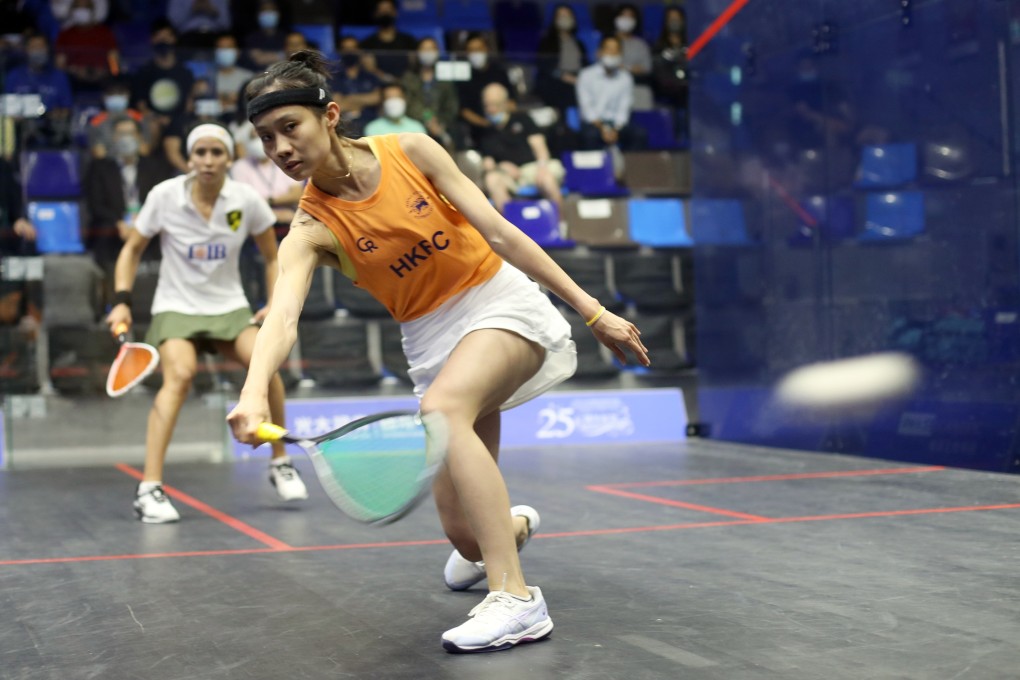 Tomato Ho takes on world No 1Nouran Gohar at the 2022 Hong Kong Squash Open. Photo: Handout