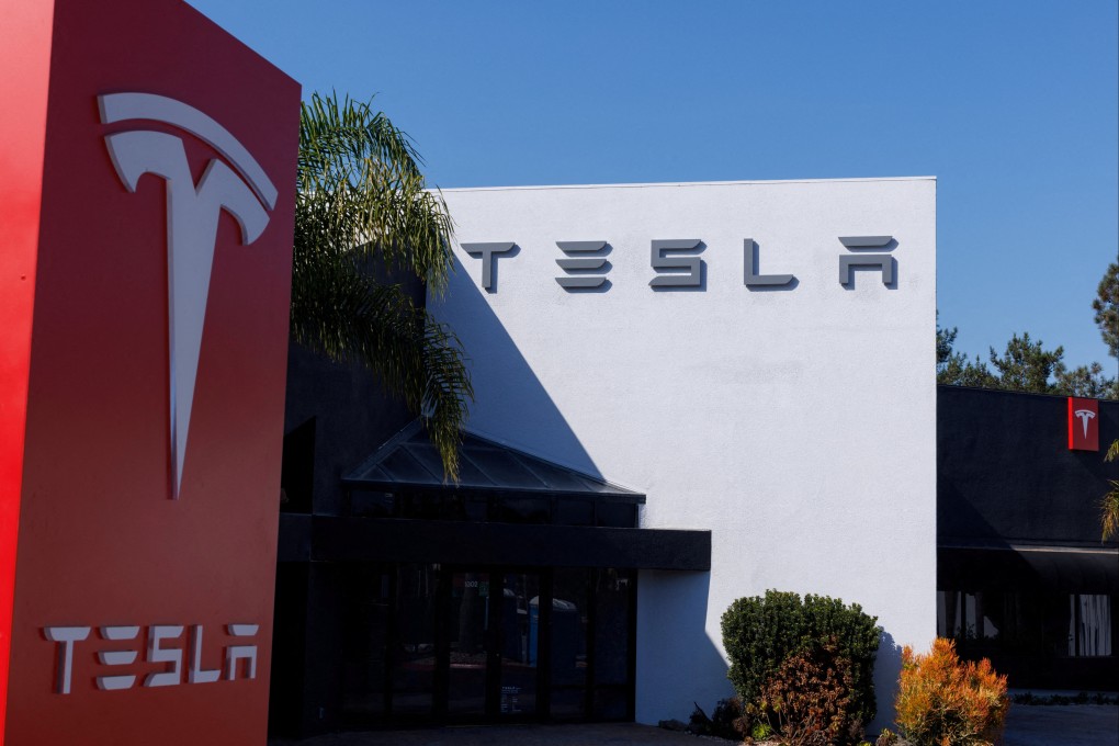 Tesla’s logo pictured outside a dealership undergoing renovation in Encinitas, California, on October 18, 2023. Photo: Reuters