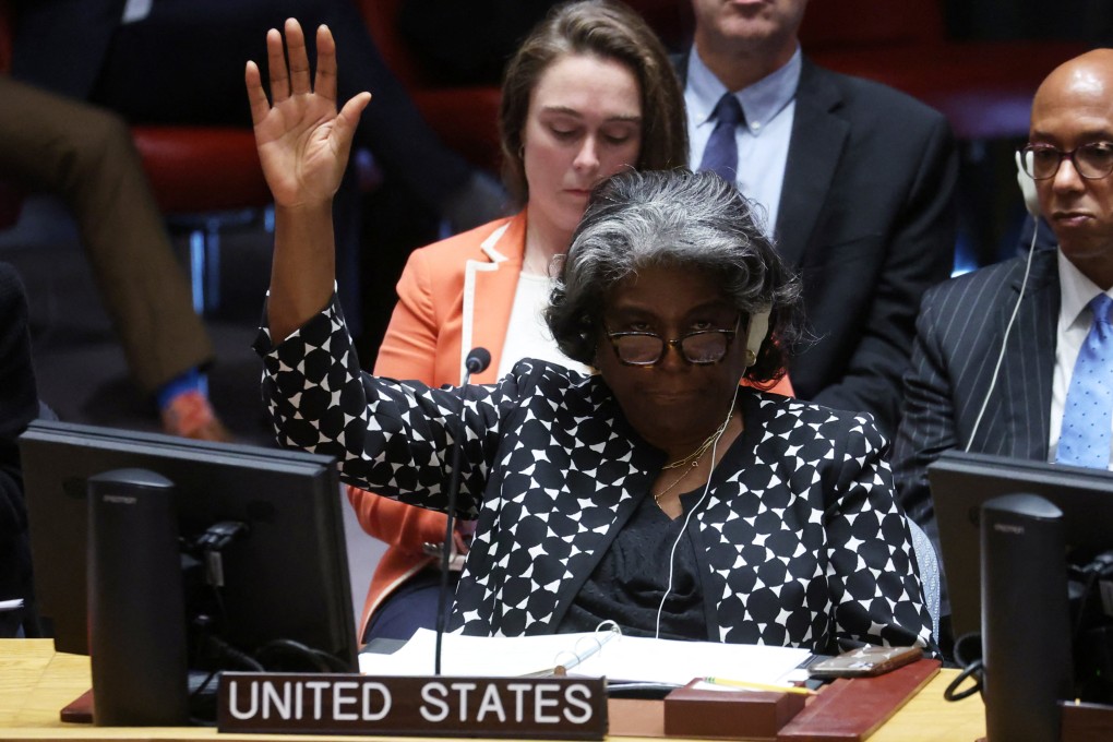 US Ambassador to the United Nations Linda Thomas-Greenfield voting against a Brazil-sponsored resolution on the Israel-Hamas conflict during a United Nations Security Council meeting on Wednesday. Photo: Reuters