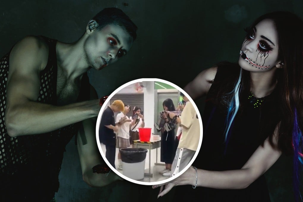 A subway station in southern China has set up a “cosmetics removal desk” for passengers wearing Halloween makeup because they are afraid scary face paint designs might cause “panic” on trains. Photo: SCMP composite/Shutterstock/Weibo