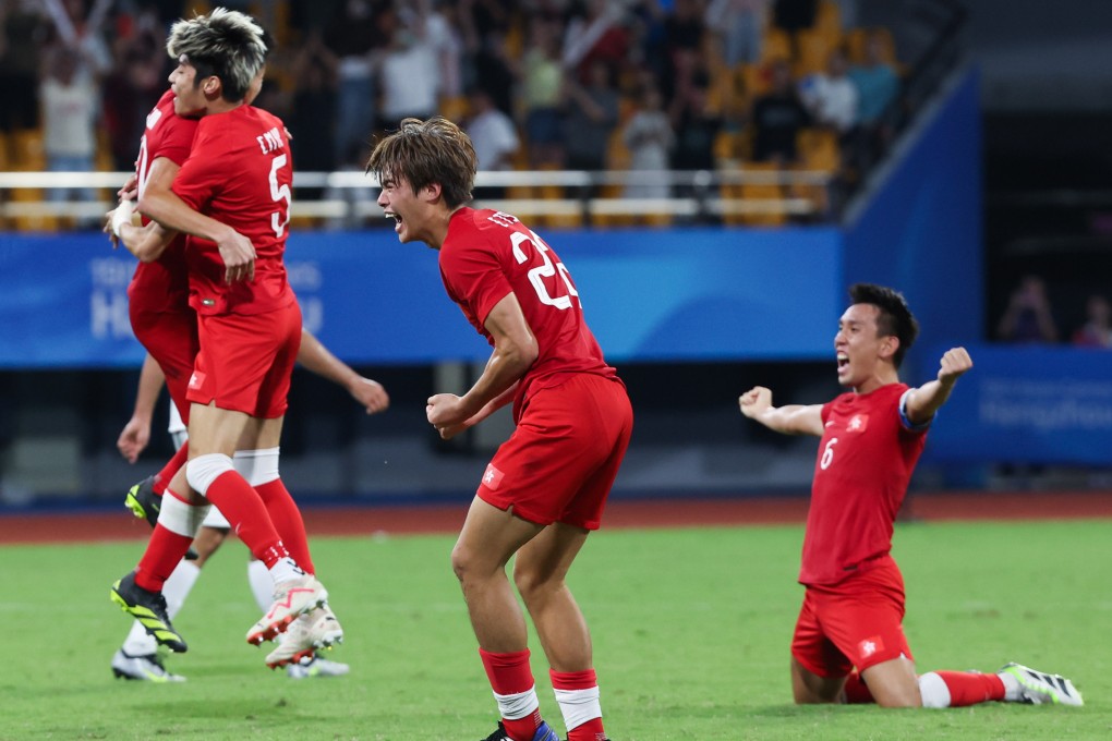 Hong Kong football players celebrate after winning the men’s quarter-final against Iran at the Asian Games in Hangzhou on October 1. Photo: Xinhua