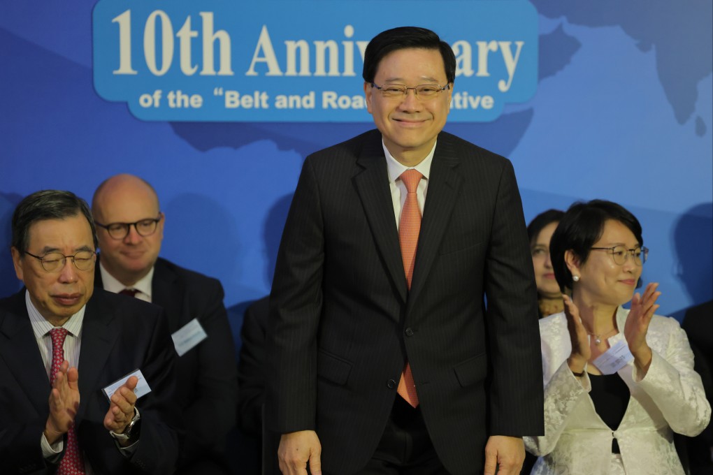 Chief Executive John Lee gives a speech on the Belt and Road Initiative, in Central, on October 13. How the promises of opportunities translate into livelihood improvements will be Lee’s challenge. Photo: Jelly Tse