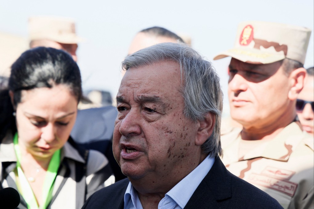 United Nations Secretary-General Antonio Guterres after visiting the Rafah border crossing between Egypt and the Gaza Strip, at Al Arish Airport, Egypt, on Friday. Photo: Reuters