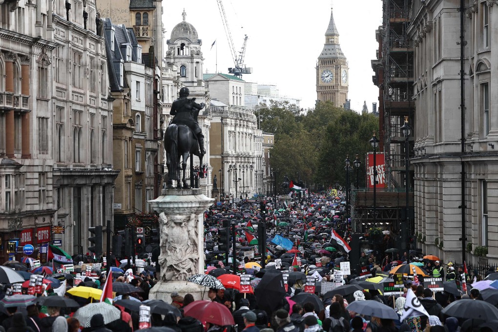 Around 100,000 people took part in a ‘March For Palestine’ in London on Saturday. Photo: AFP