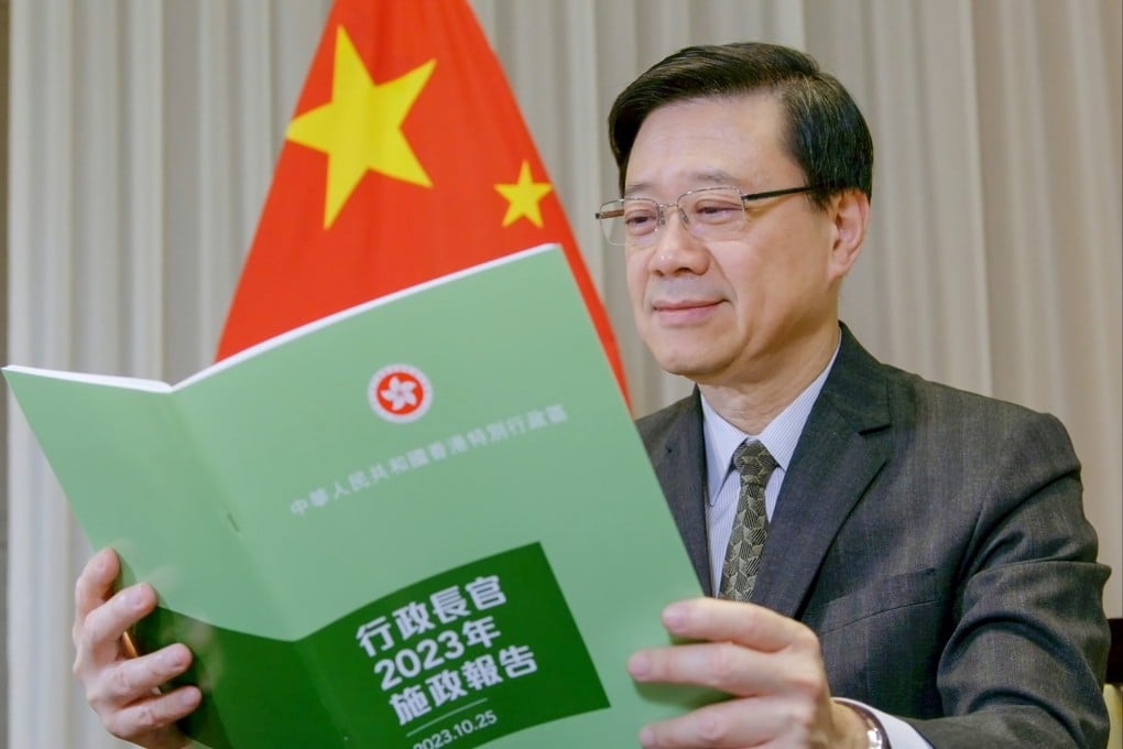 Chief Executive John Lee Ka-chiu unveiled a promotional video of his second policy address, printed in green, themed as “A vibrant economy for a caring community” on his Facebook page on Sunday. Photo: Facebook/ @ John Lee
