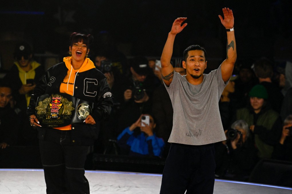 South-Korea’s Hong 10 celebrates his third win of the Red Bull BC title. Photo: AFP