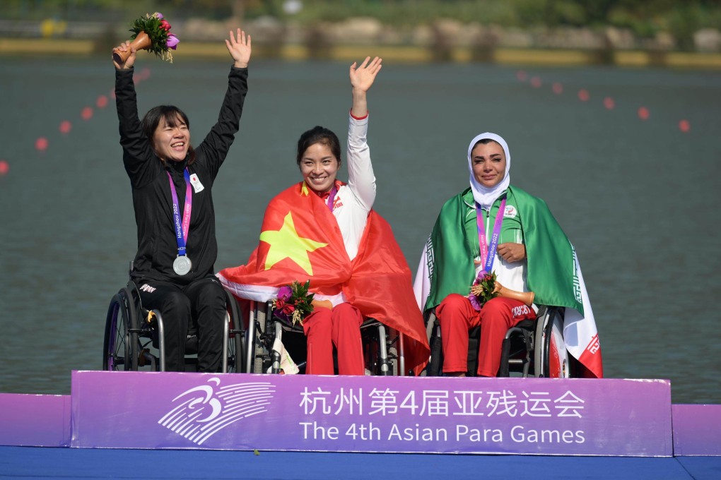 Gold medallist Xie Maosan won the first medal of he 4th Asian Para Games in women’s KL1 canoe final. Photo: Xinhua