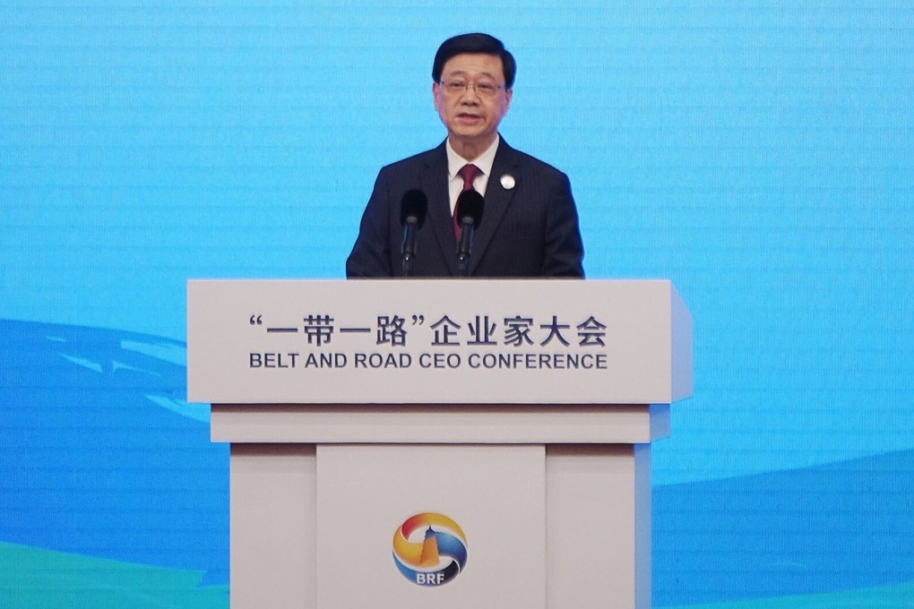 Hong Kong Chief Executive John Lee speaks at the Belt and Road CEO conference in Beijing on October 17. President Xi Jinping has called it the “project of the century”. Photo: Bloomberg