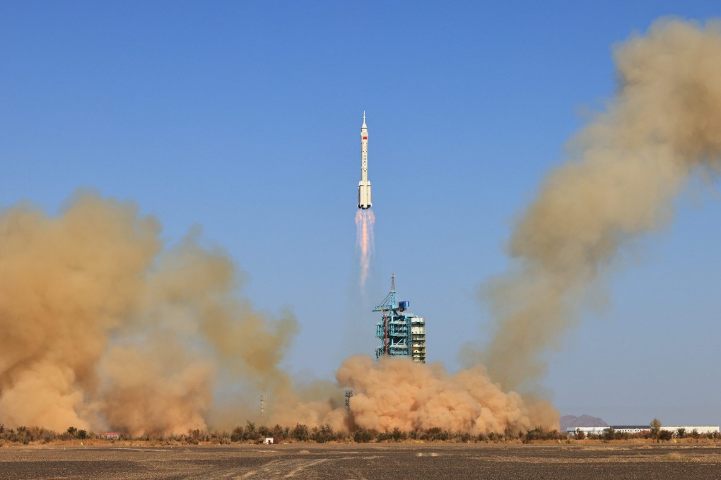 A Long March 2F rocket, carrying the Shenzhou 17 spacecraft and a crew of three astronauts, lifts off from the Jiuquan Satellite Launch Centre in the Gobi desert on Thursday. Photo: Xinhua