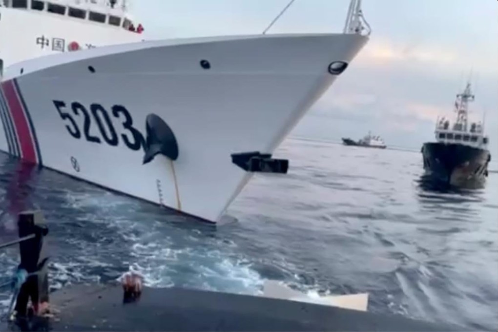 A Chinese coastguard ship after bumping a Philippine supply boat as it approaches Second Thomas Shoal at the disputed South China Sea last Sunday. Photo: EPA-EFE