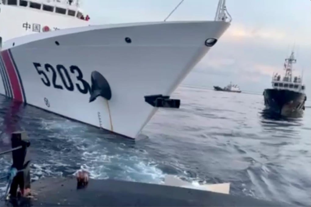 A Chinese coastguard ship after bumping a Philippine supply boat as it approaches Second Thomas Shoal at the disputed South China Sea last Sunday. Photo: EPA-EFE