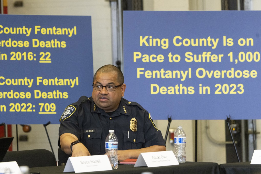 Seattle Police chief Adrian Diaz discusses the fentanyl crisis at a roundtable discussion in Washington on July 24, at the Seattle Fire Department station. Photo: The Seattle Times/TNS