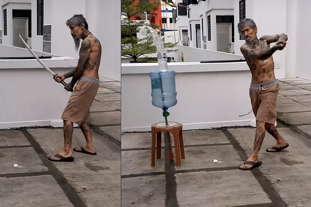 Screenshots of the video Joel Ezekiel posted on social media showing him slicing a plastic bottle in half with a samurai sword. Photo: Facebook/Joel Ezekiel II