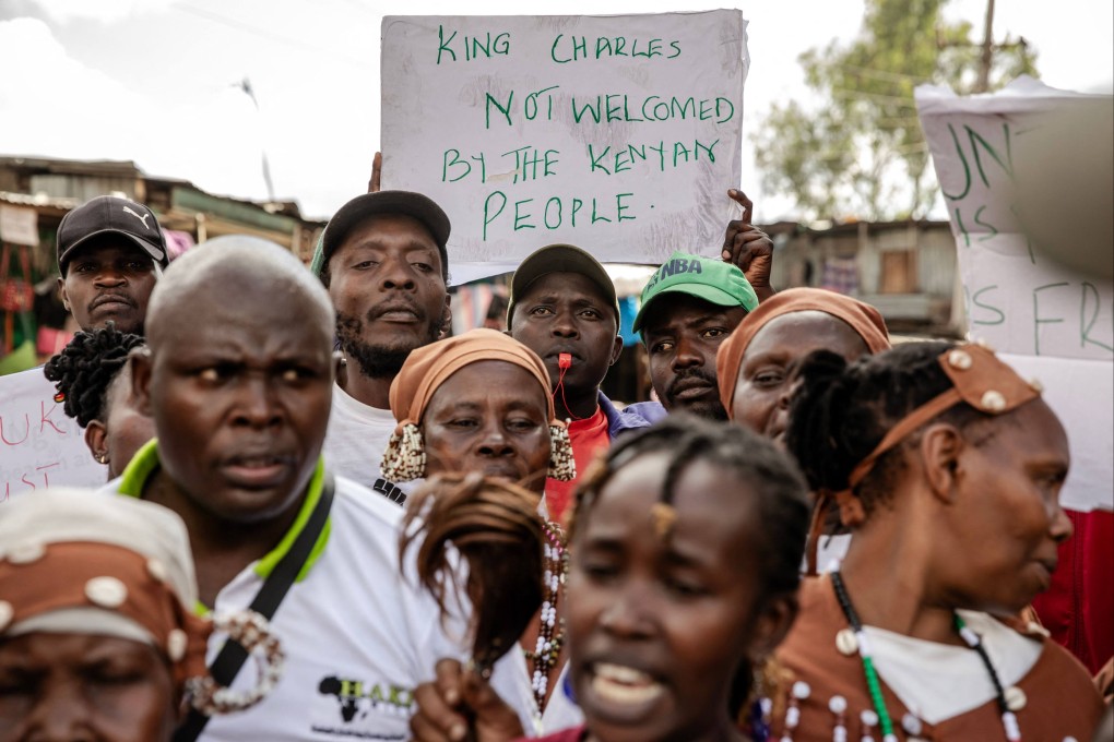 People in Nairobi, Kenya, demonstrate on Monday against the visit of Britain’s monarch. Photo: AFP