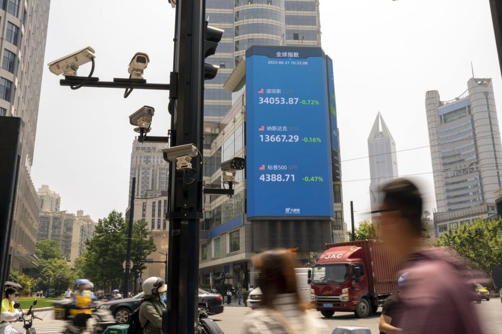 A public screen displaying stock figures in Shanghai in June 2023. Photo: Bloomberg