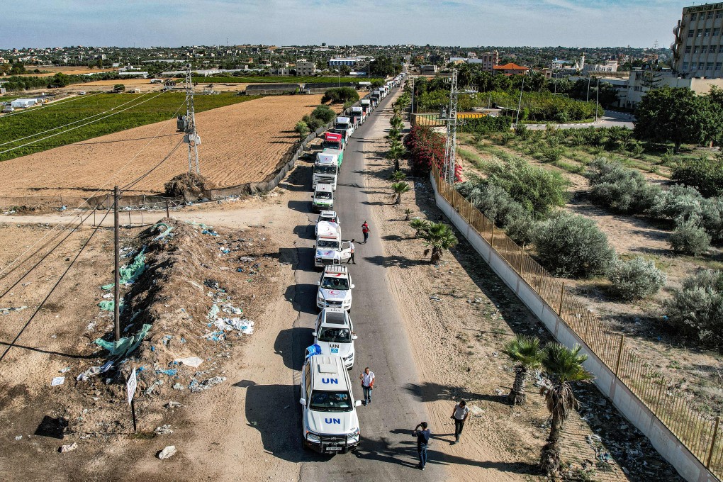 Humanitarian aid trucks in southern Gaza last week. Photo: AFP
