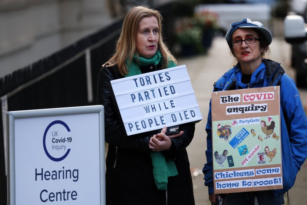 Protesters demonstrate outside the Covid Inquiry in London on Tuesday. Photo: EPA-EFE