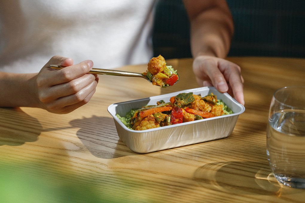 Cathay Pacific and Ovolo Hotels’ Hong Kong vegetarian restaurant Veda have teamed up to offer more plant-based in-flight meal choices, such as vegetable masala with green pulao rice (above) for economy class passengers. Photo: Cathay Pacific